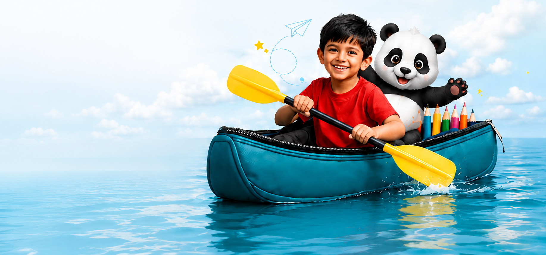 Child and panda in boat
